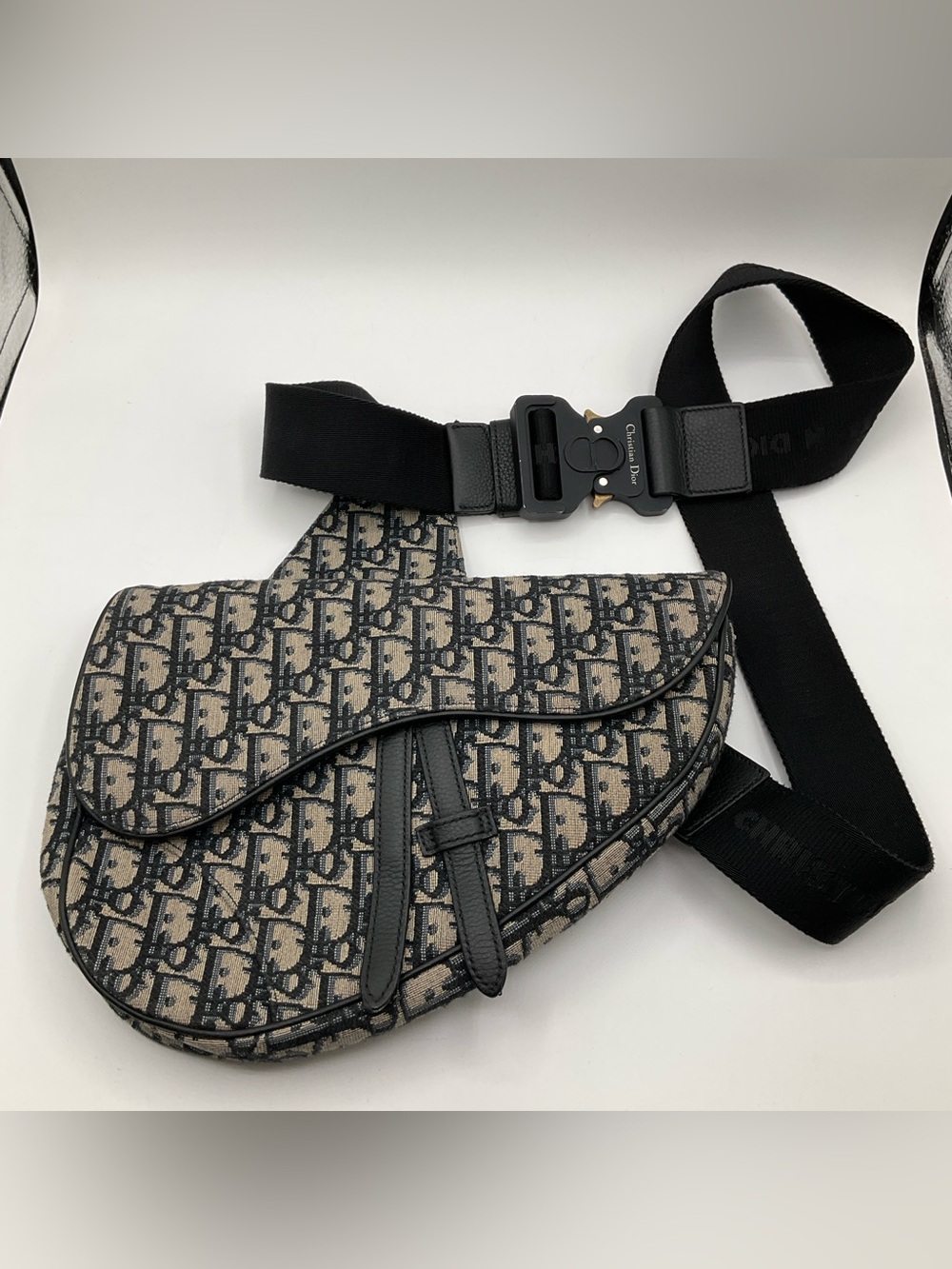 Christian Dior Beige and Black Dior Oblique Jacquard Saddle Bag Crossbody